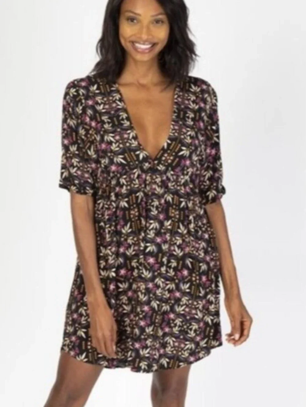 NATURAL LIFE Black Floral Print Vneck Dress with Side Pockets Size L/XL Summer